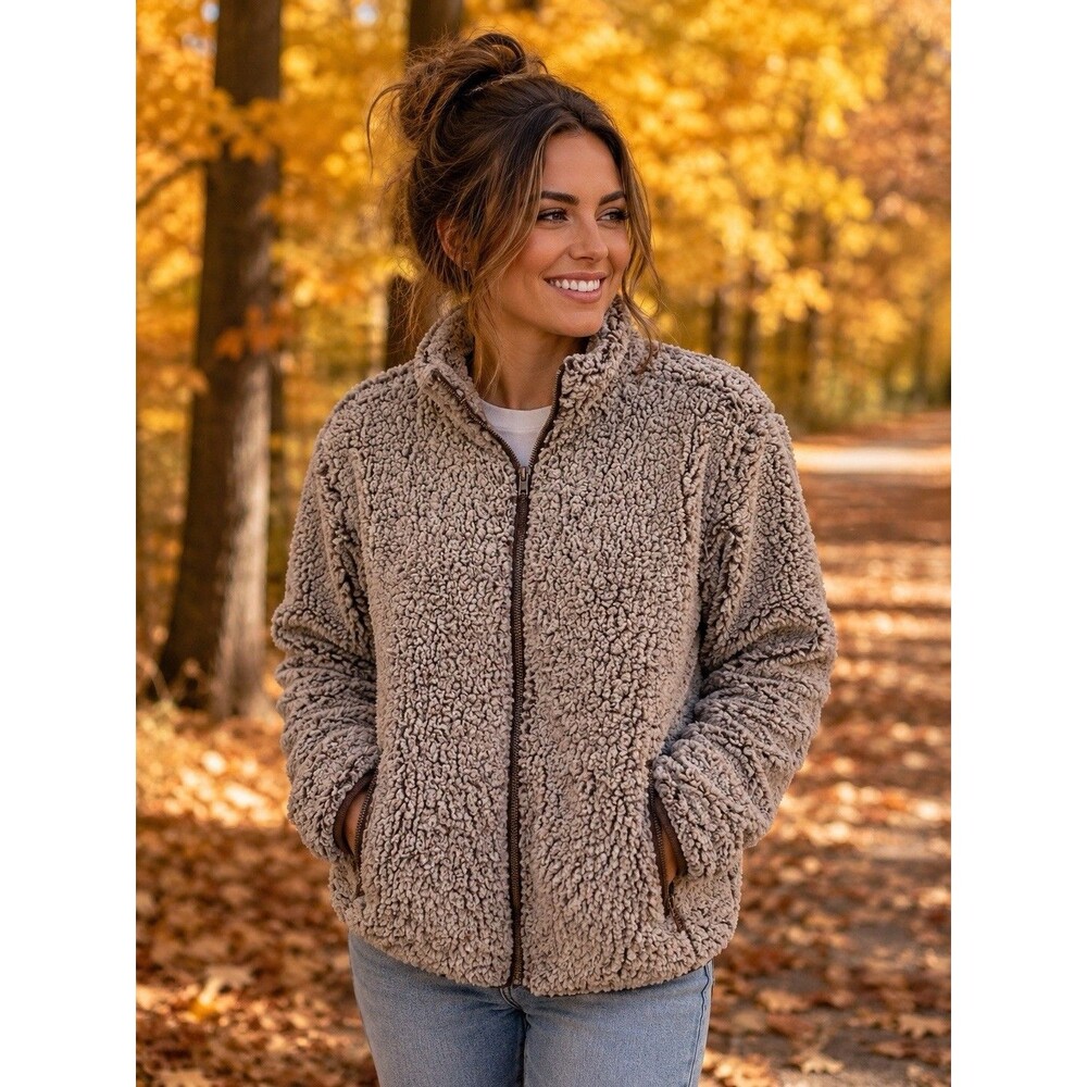Altered State Brown Bear Sherpa Fleece Jacket Womens Large Zip Front Cozy L - Picture 1 of 16
